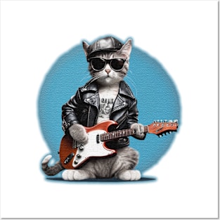 Cute Cat with leather jacket and sunglasses playing electric guitars Posters and Art